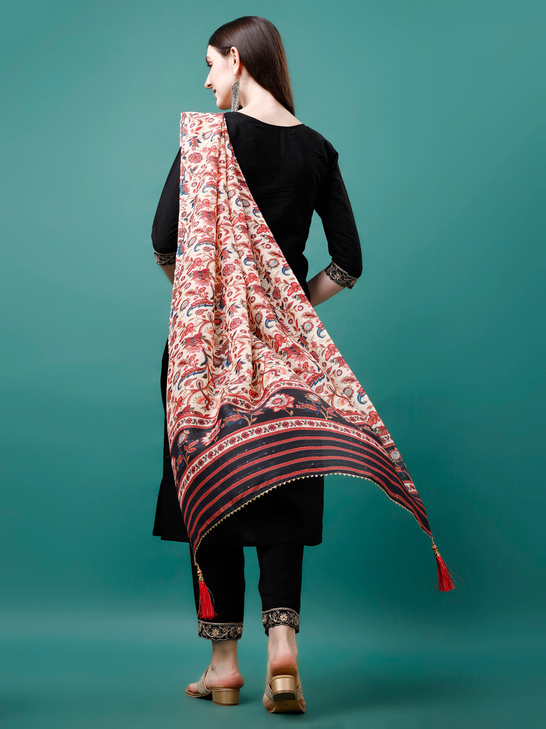 Hand Embroidered Kurta With Pant & Printed Dupatta, Multicolor - Hiral Fashion | Grocsy