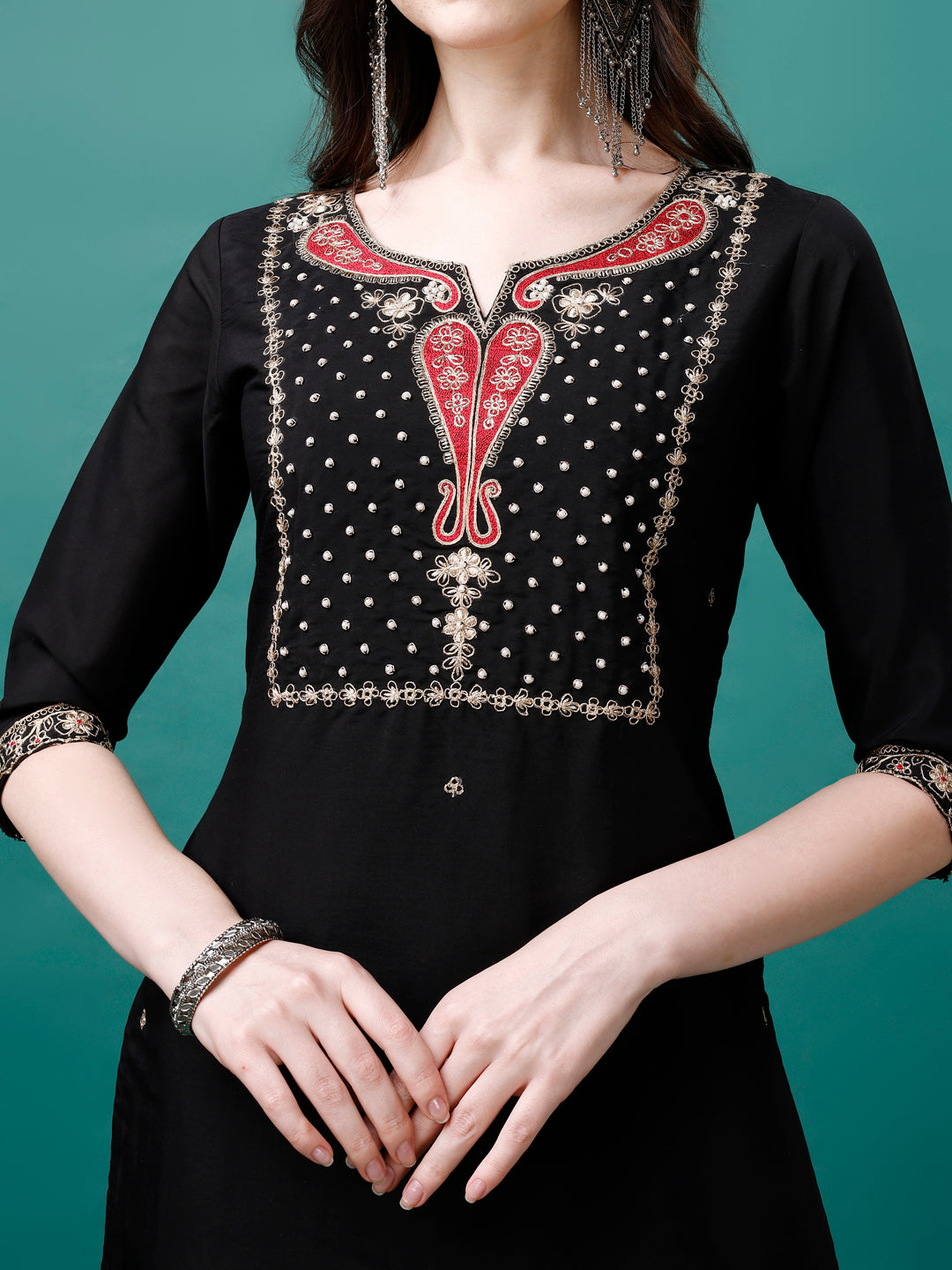 Hand Embroidered Kurta With Pant & Printed Dupatta, Multicolor - Hiral Fashion | Grocsy