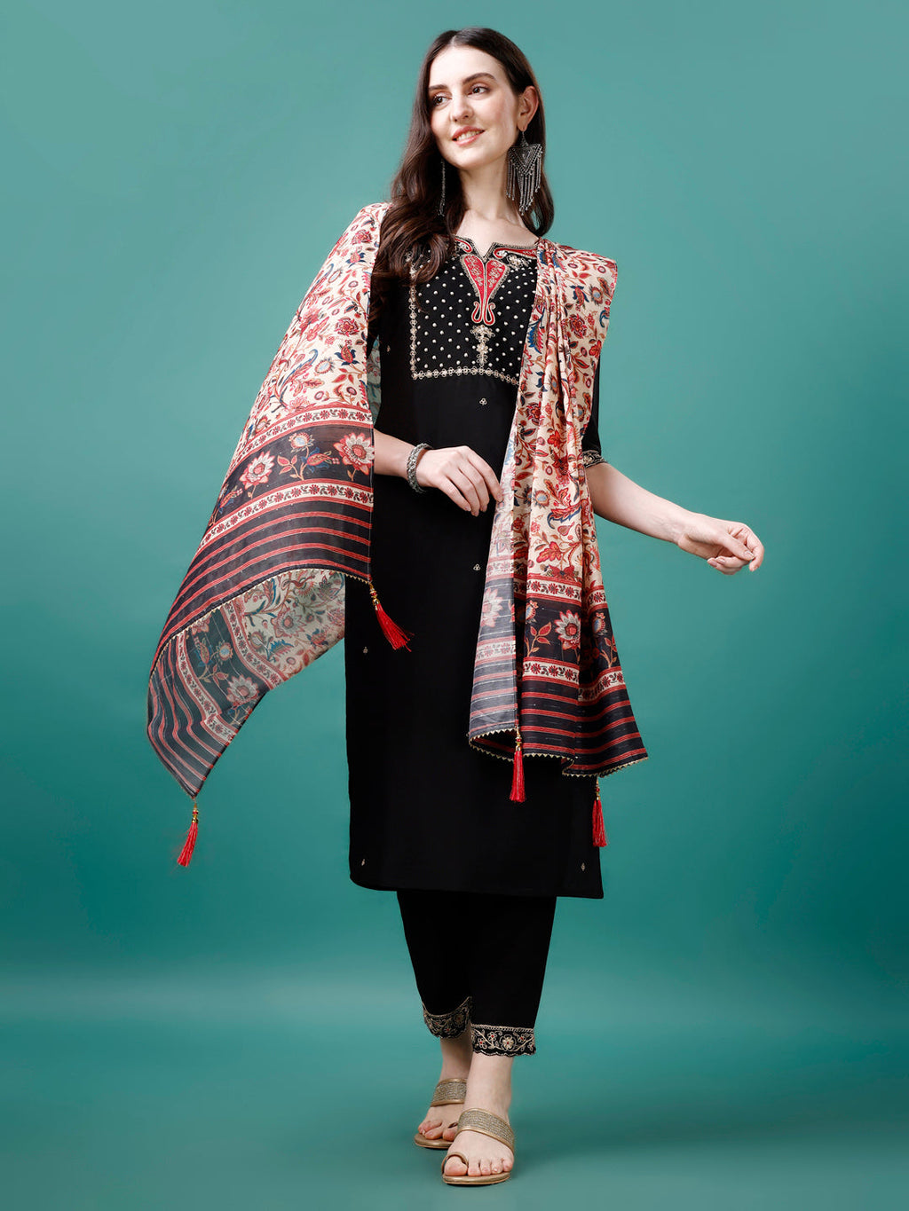Hand Embroidered Kurta With Pant & Printed Dupatta, Multicolor - Hiral Fashion | Grocsy