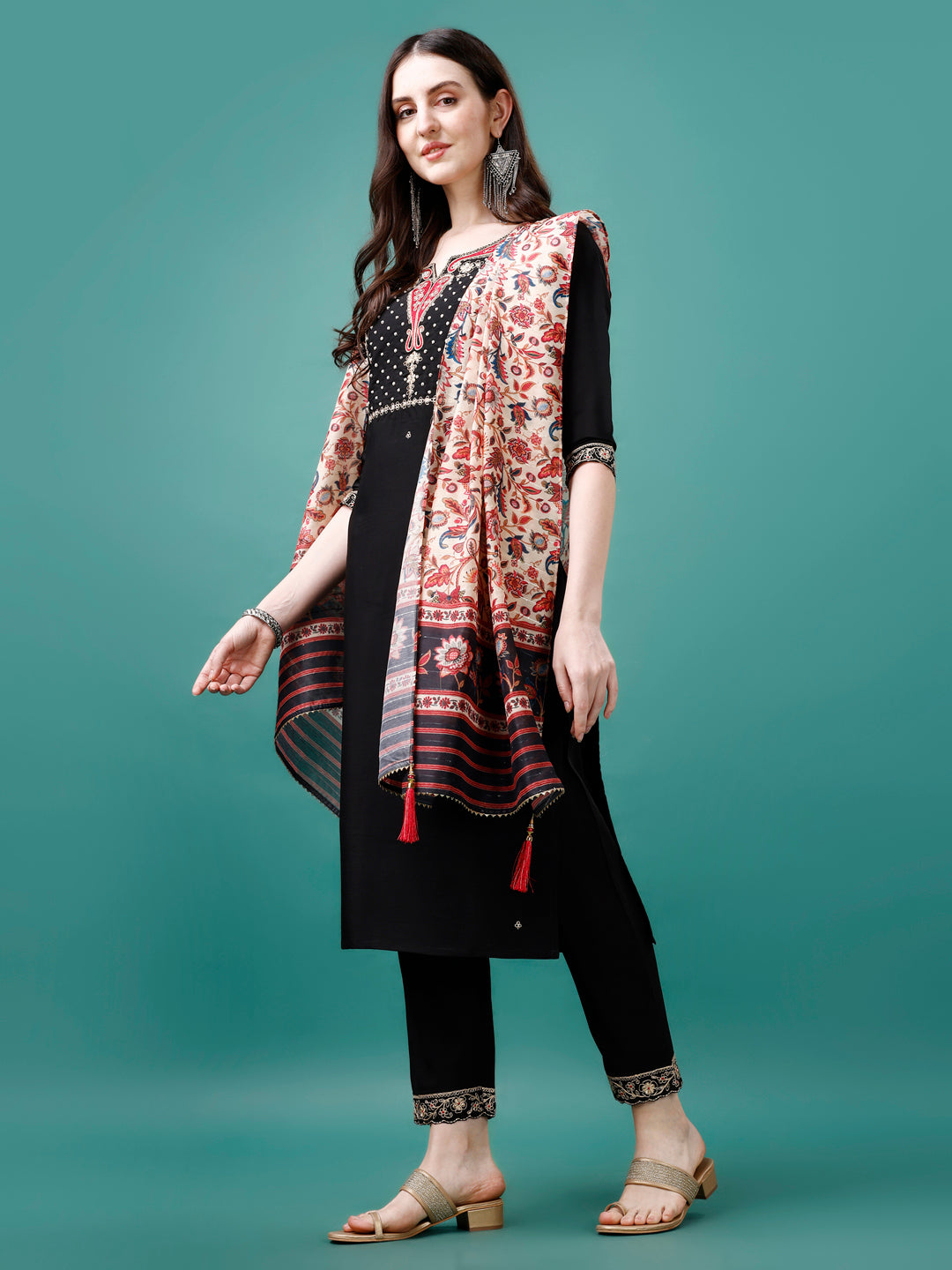 Hand Embroidered Kurta With Pant & Printed Dupatta, Multicolor - Hiral Fashion | Grocsy