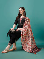 Hand Embroidered Kurta With Pant & Printed Dupatta, Multicolor - Hiral Fashion | Grocsy