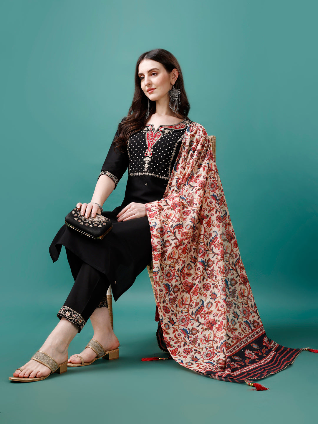 Hand Embroidered Kurta With Pant & Printed Dupatta, Multicolor - Hiral Fashion | Grocsy