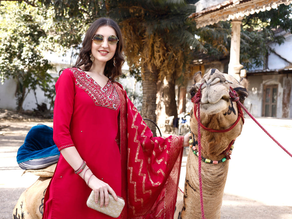 Hand Embroidered Kurta With Pant & Banarasi Dupatta Luxury, Multicolor - Hiral Fashion | Grocsy