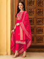 Embroidered Kurta With Pant & Chanderi Dupatta, Multicolor - Hiral Fashion | Grocsy