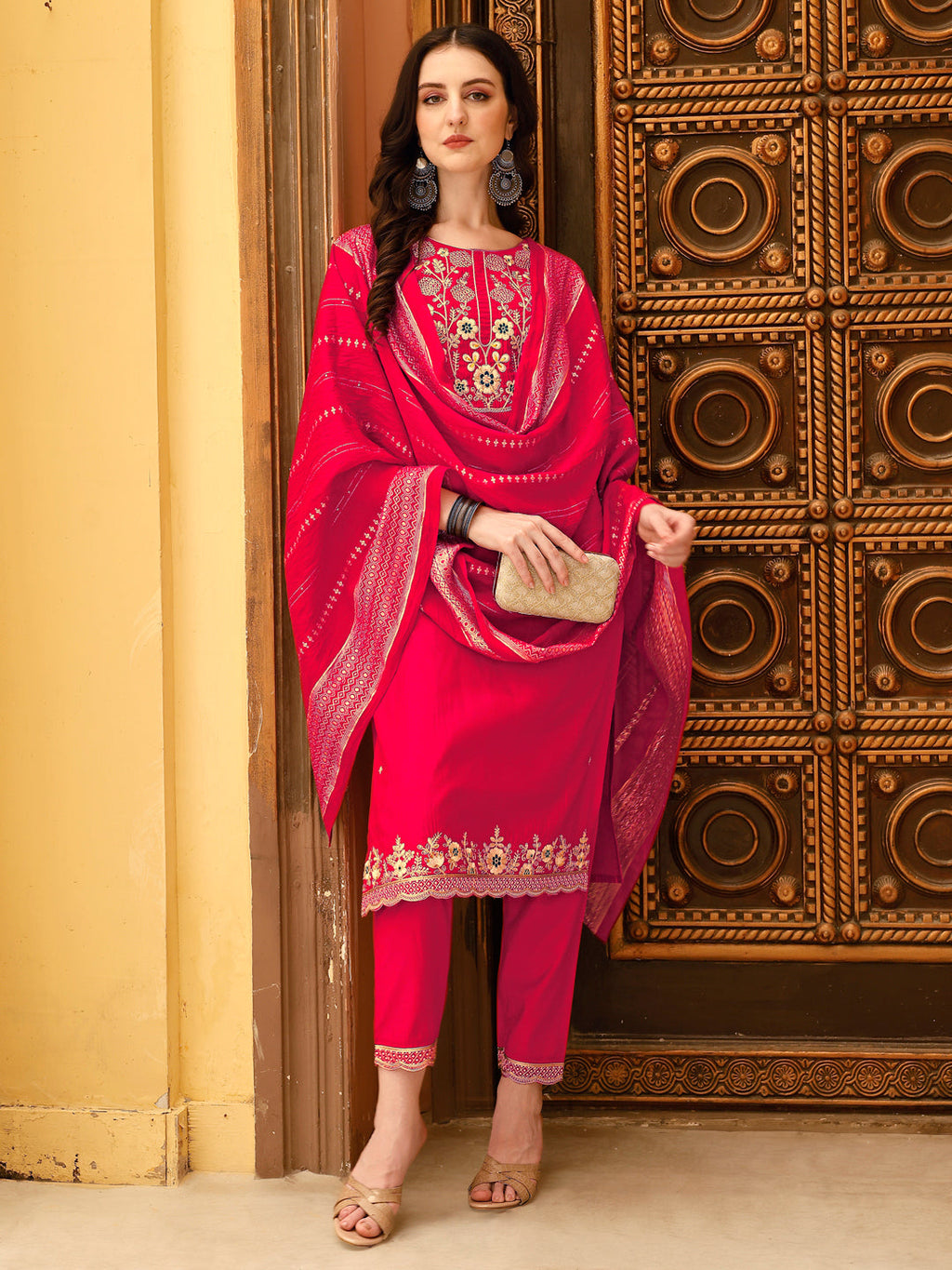 Embroidered Kurta With Pant & Chanderi Dupatta, Multicolor - Hiral Fashion | Grocsy