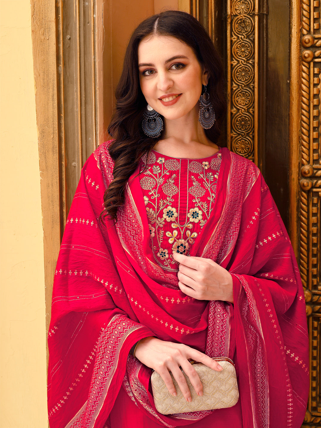 Embroidered Kurta With Pant & Chanderi Dupatta, Multicolor - Hiral Fashion | Grocsy