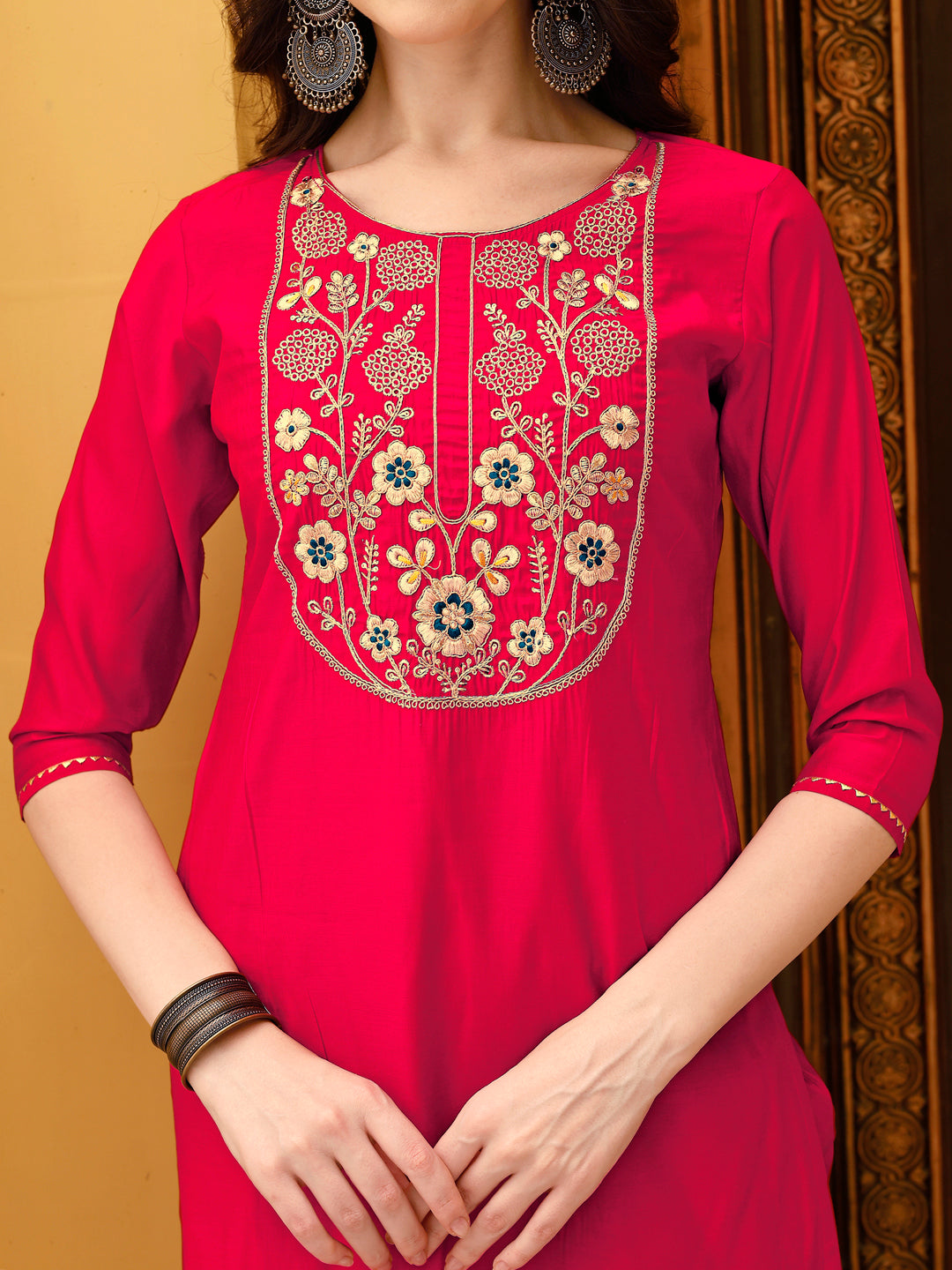 Embroidered Kurta With Pant & Chanderi Dupatta, Multicolor - Hiral Fashion | Grocsy