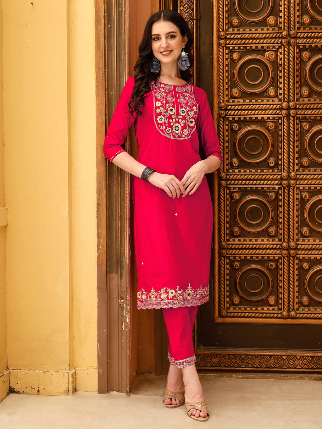 Embroidered Kurta With Pant & Chanderi Dupatta, Multicolor - Hiral Fashion | Grocsy