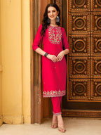 Embroidered Kurta With Pant & Chanderi Dupatta, Multicolor - Hiral Fashion | Grocsy