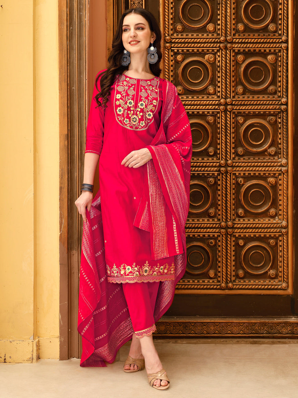 Embroidered Kurta With Pant & Chanderi Dupatta, Multicolor - Hiral Fashion | Grocsy