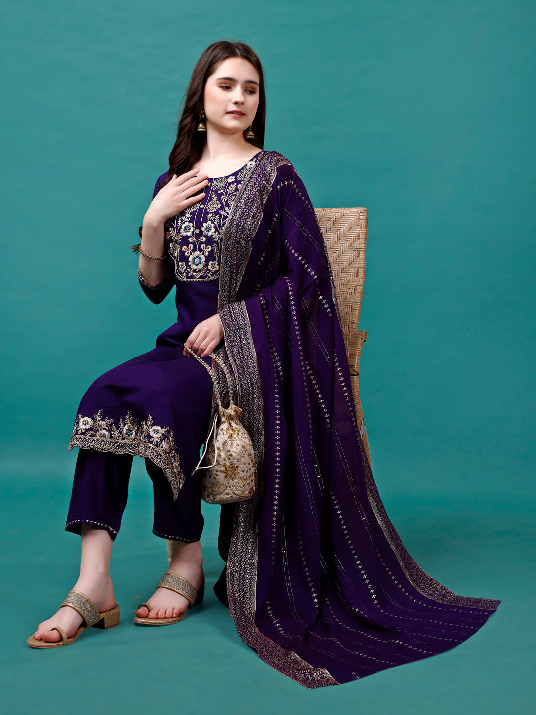Embroidered Kurta With Pant & Sequined Dupatta, Multicolor - Hiral Fashion | Grocsy
