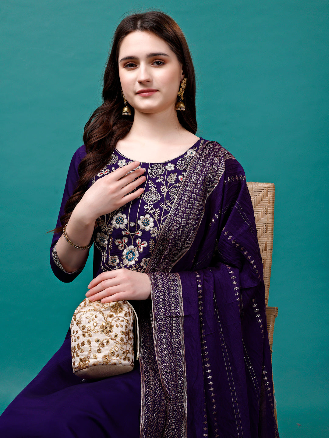 Embroidered Kurta With Pant & Sequined Dupatta, Multicolor - Hiral Fashion | Grocsy