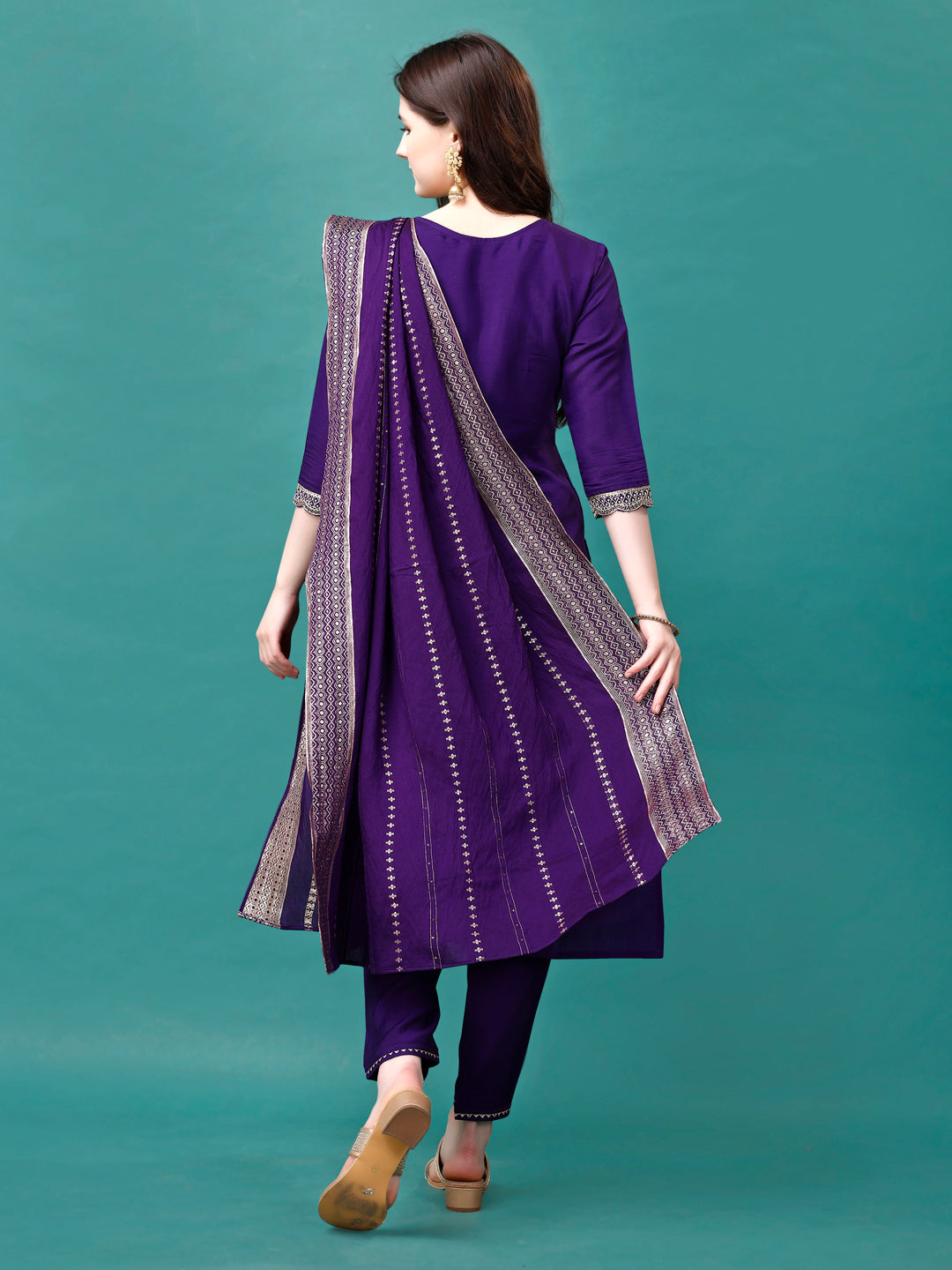 Embroidered Kurta With Pant & Sequined Dupatta, Multicolor - Hiral Fashion | Grocsy