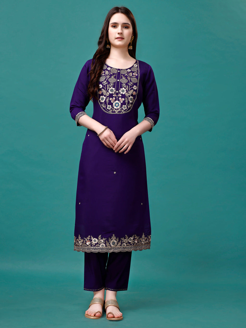 Embroidered Kurta With Pant & Sequined Dupatta, Multicolor - Hiral Fashion | Grocsy