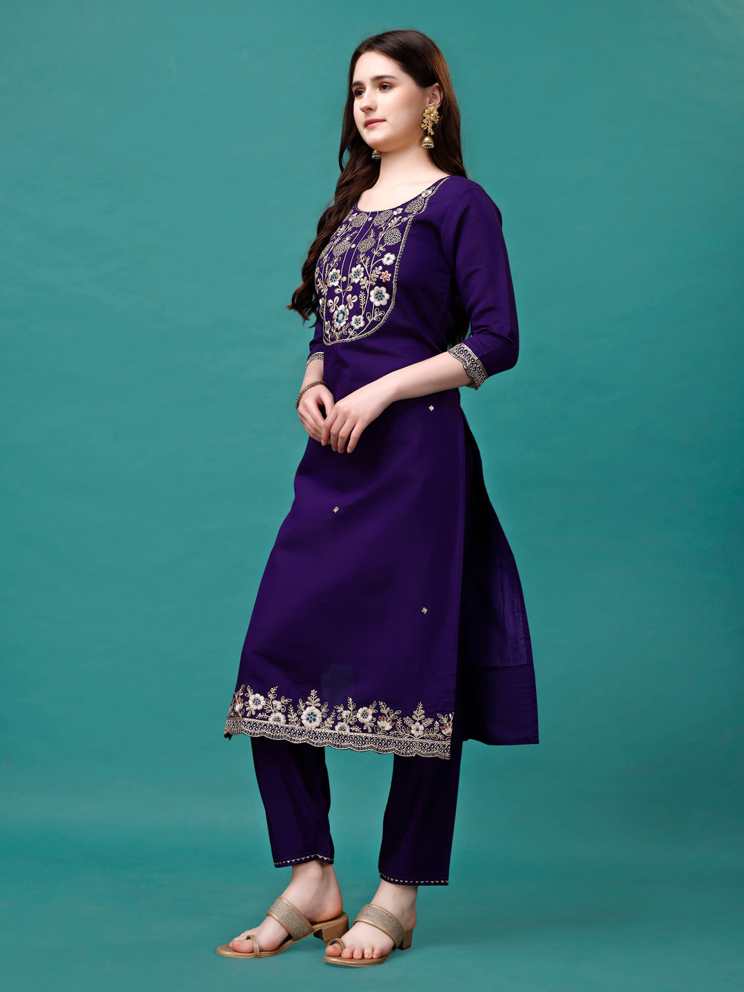 Embroidered Kurta With Pant & Sequined Dupatta, Multicolor - Hiral Fashion | Grocsy