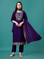 Embroidered Kurta With Pant & Sequined Dupatta, Multicolor - Hiral Fashion | Grocsy