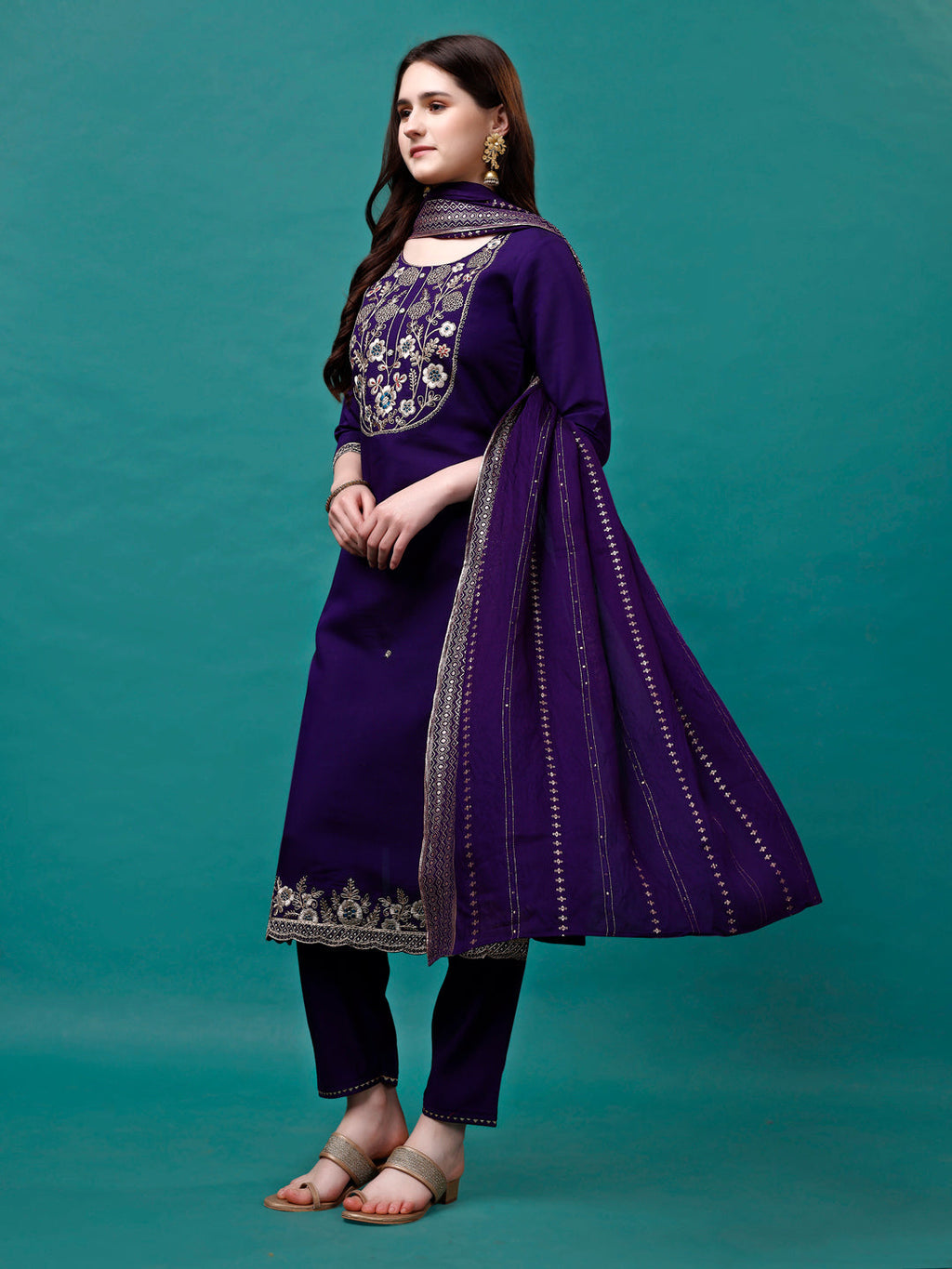 Embroidered Kurta With Pant & Sequined Dupatta, Multicolor - Hiral Fashion | Grocsy