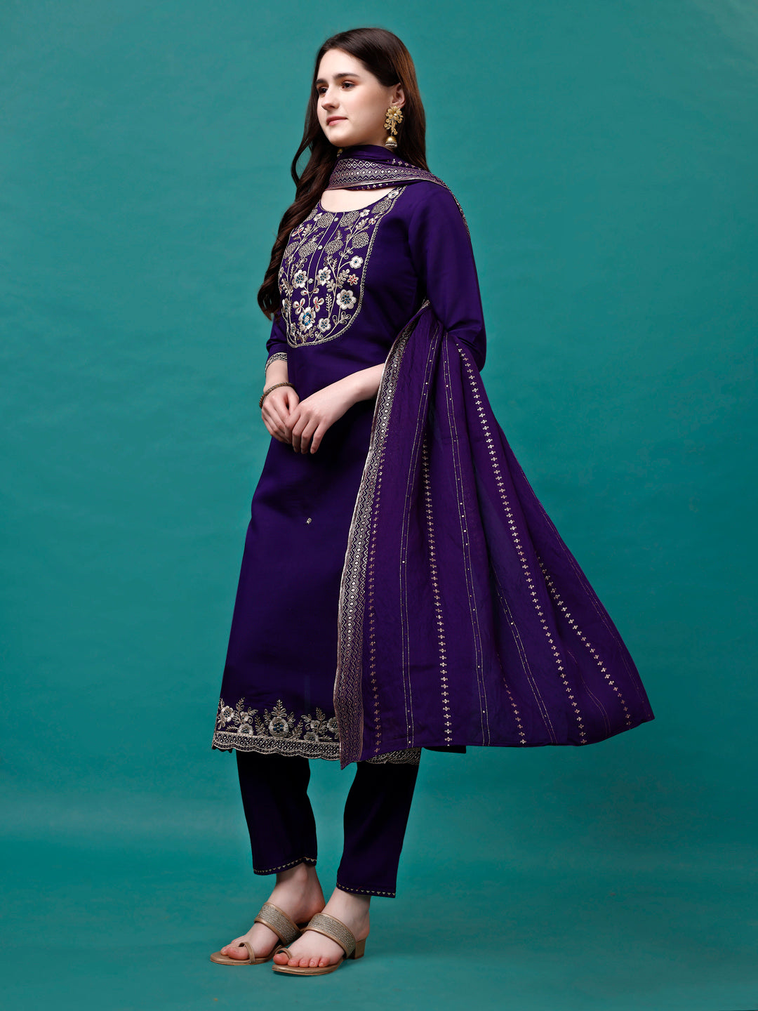 Embroidered Kurta With Pant & Sequined Dupatta, Multicolor - Hiral Fashion | Grocsy
