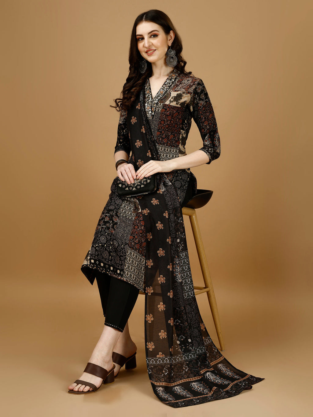 Hand Embroidered & Printed Kurta With Pant & Dupatta, Multicolor - Hiral Fashion | Grocsy
