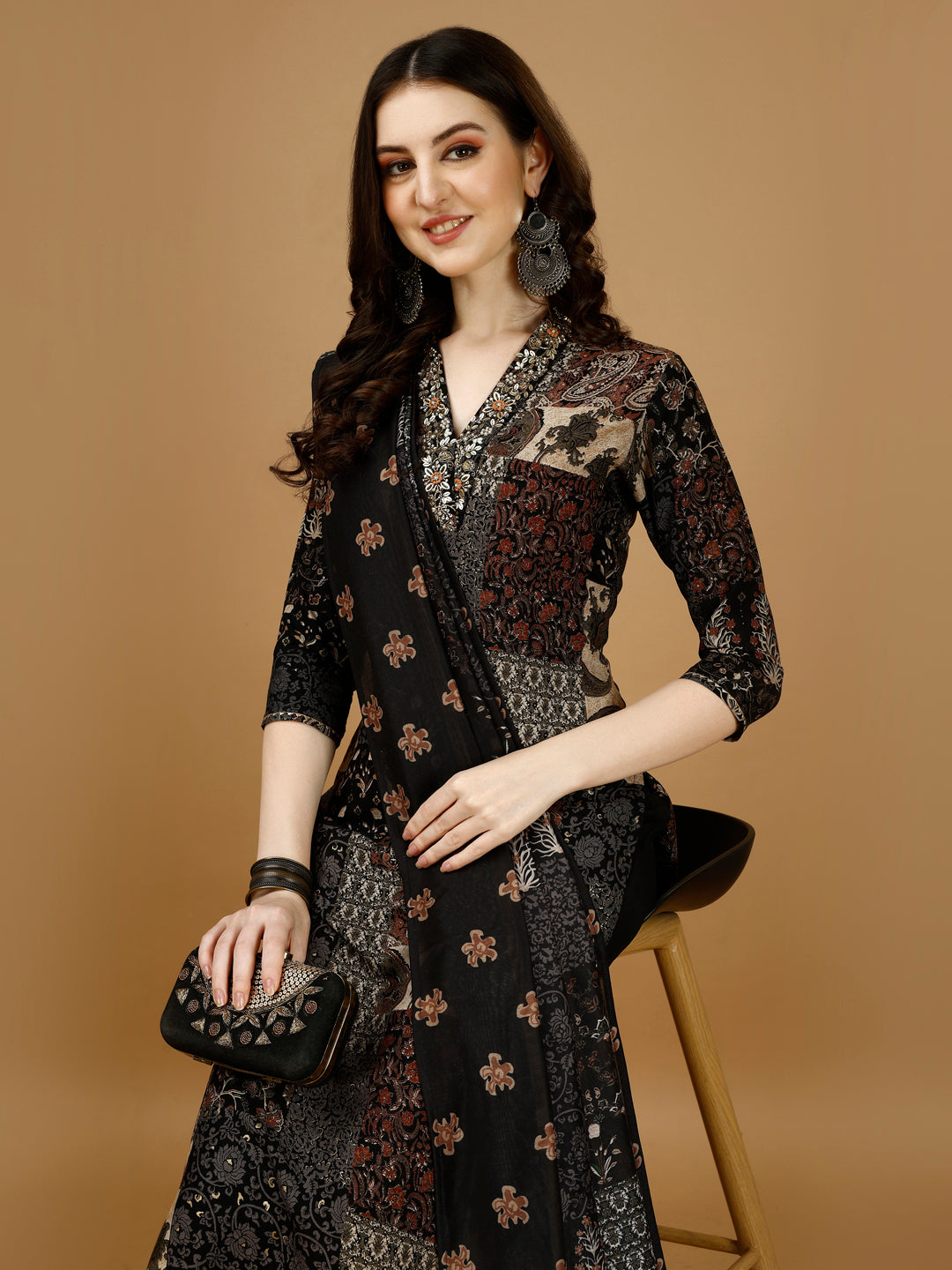 Hand Embroidered & Printed Kurta With Pant & Dupatta, Multicolor - Hiral Fashion | Grocsy