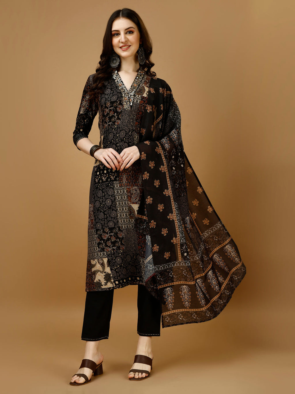 Hand Embroidered & Printed Kurta With Pant & Dupatta, Multicolor - Hiral Fashion | Grocsy