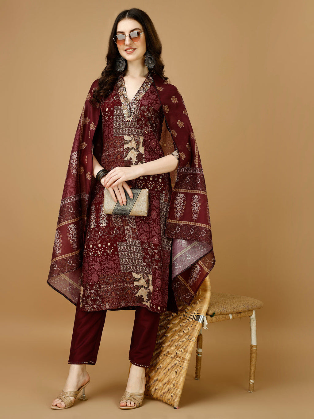 Hand Embroidered & Printed Kurta With Pant & Dupatta, Multicolor - Hiral Fashion | Grocsy
