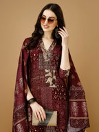 Hand Embroidered & Printed Kurta With Pant & Dupatta, Multicolor - Hiral Fashion | Grocsy