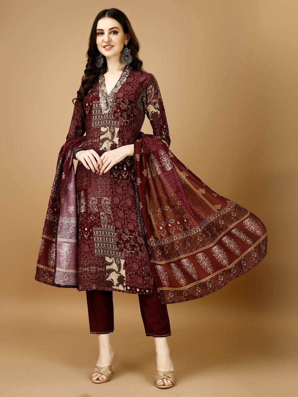 Hand Embroidered & Printed Kurta With Pant & Dupatta, Multicolor - Hiral Fashion | Grocsy