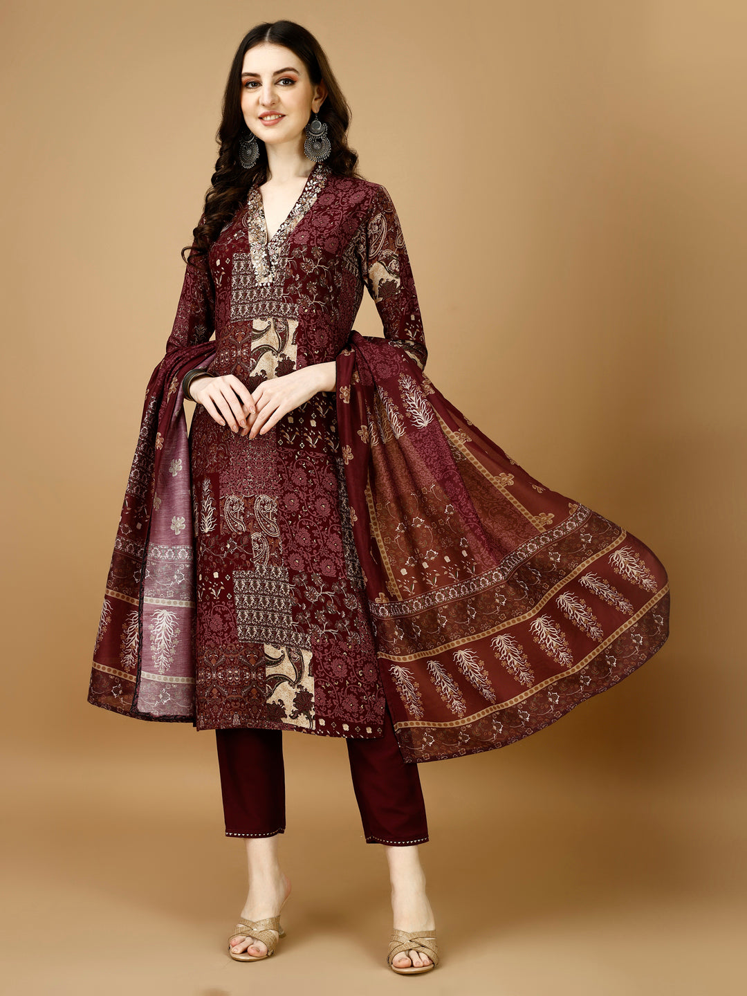 Hand Embroidered & Printed Kurta With Pant & Dupatta, Multicolor - Hiral Fashion | Grocsy