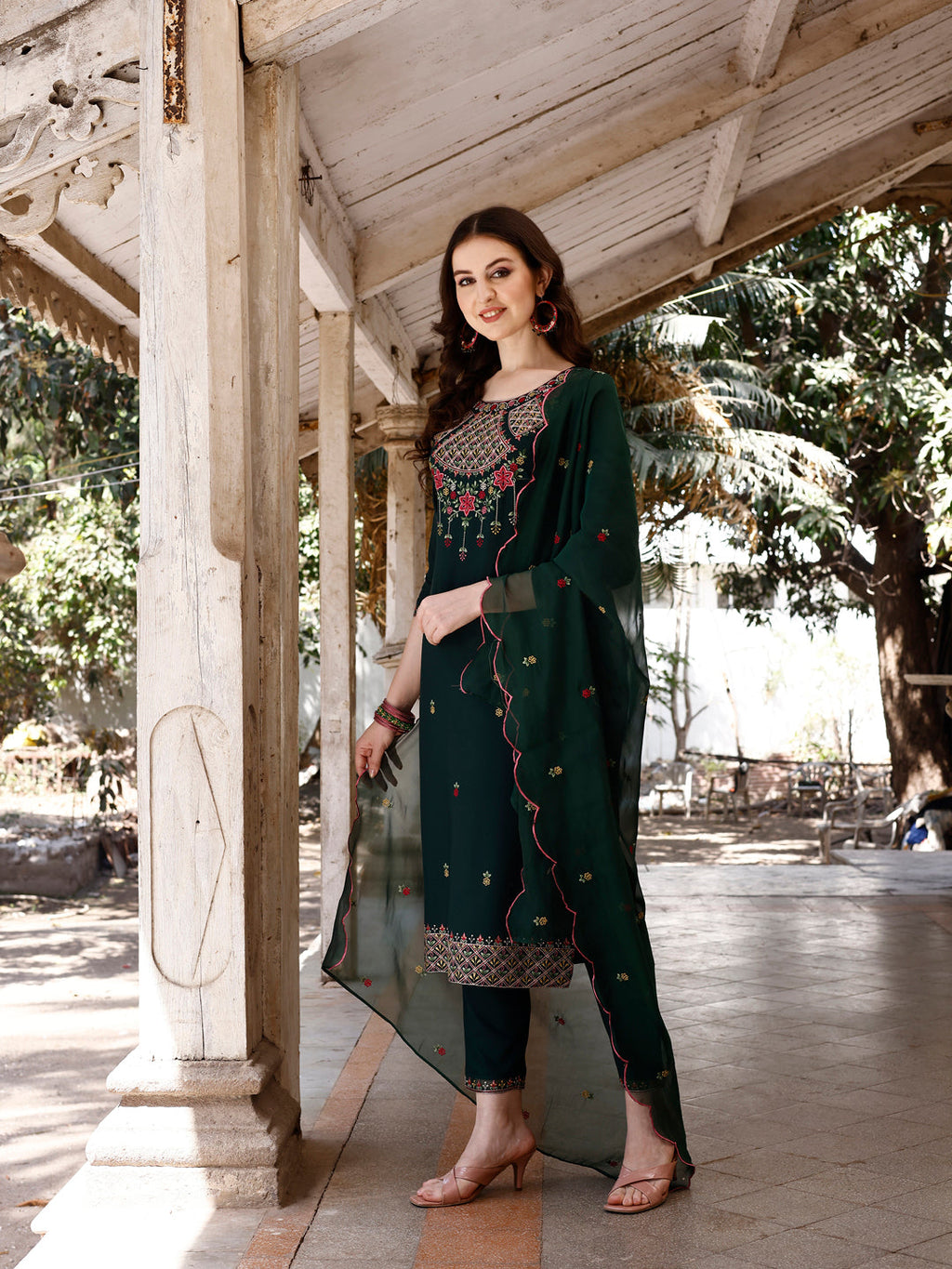 Embroidered Kurta With Pant & Organza Embroidered Dupatta Premium, Multicolor - Hiral Fashion | Grocsy