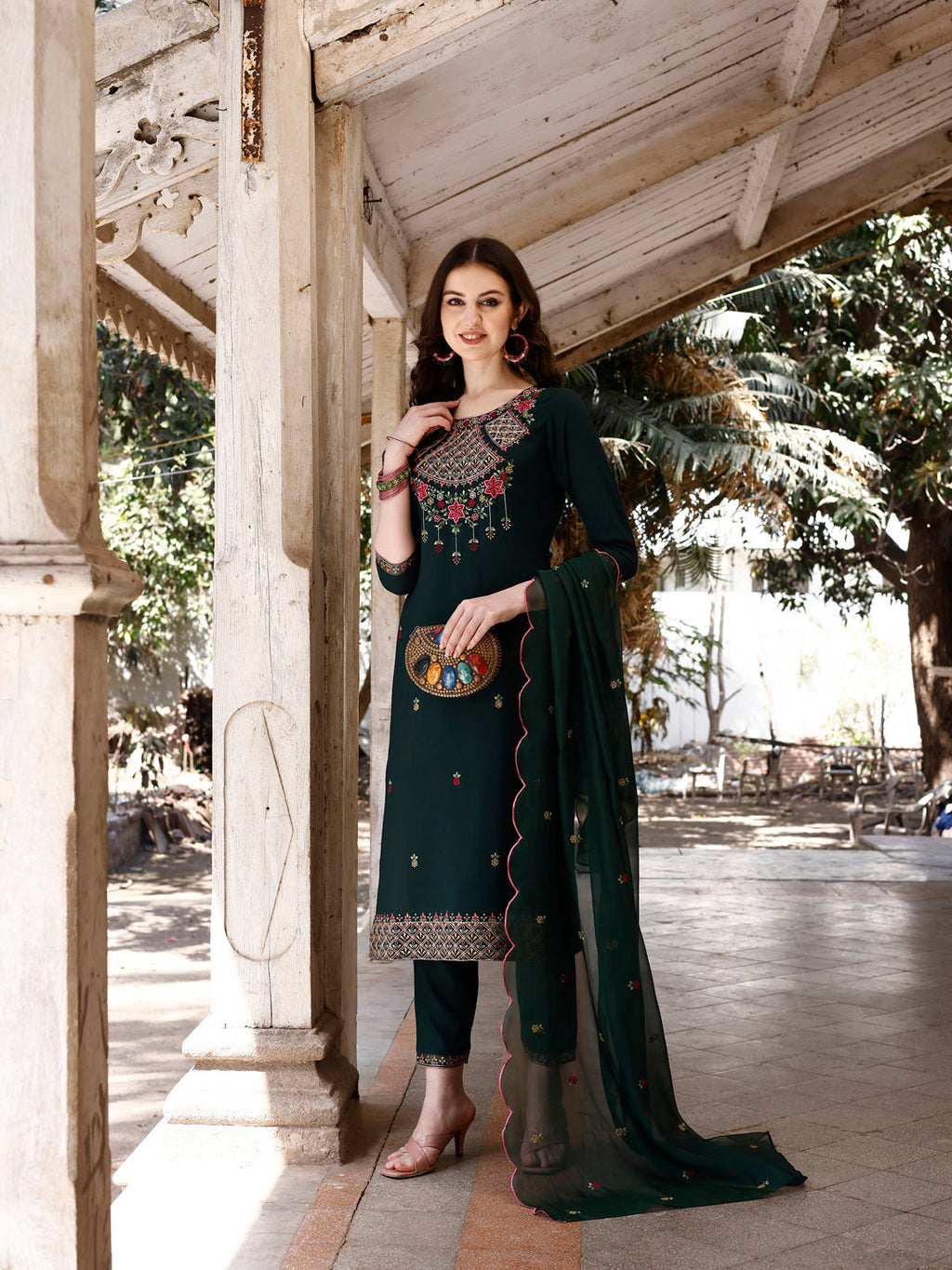 Embroidered Kurta With Pant & Organza Embroidered Dupatta Premium, Multicolor - Hiral Fashion | Grocsy