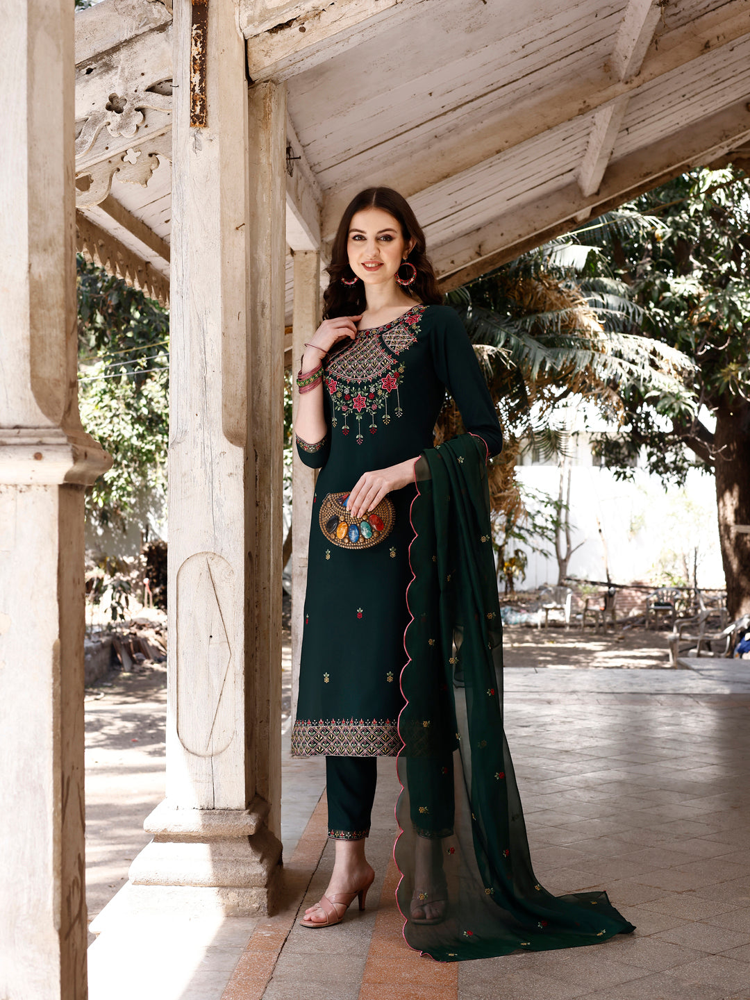 Embroidered Kurta With Pant & Organza Embroidered Dupatta Premium, Multicolor - Hiral Fashion | Grocsy
