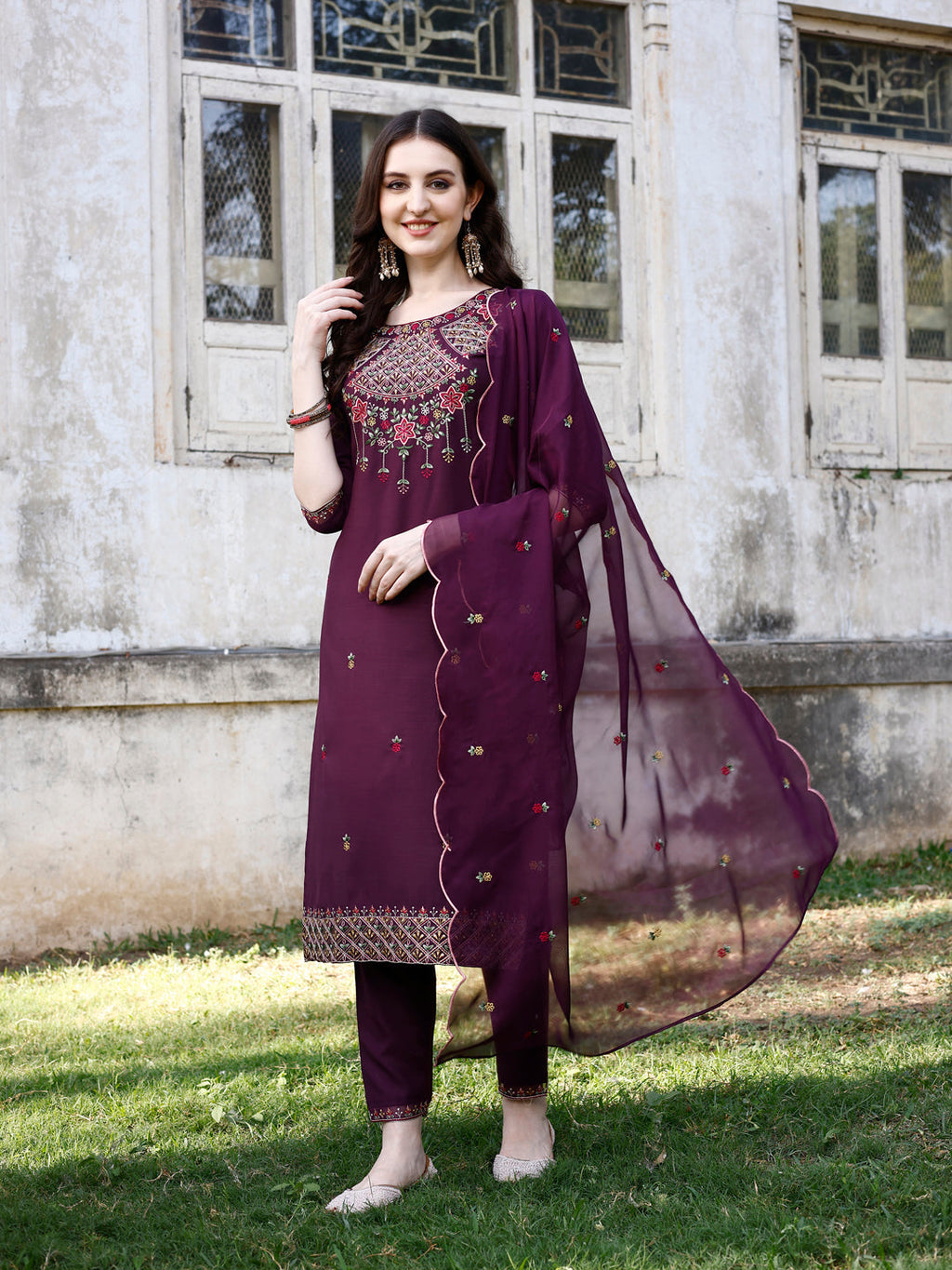 Embroidered Kurta With Pant & Organza Embroidered Dupatta Premium, Multicolor - Hiral Fashion | Grocsy
