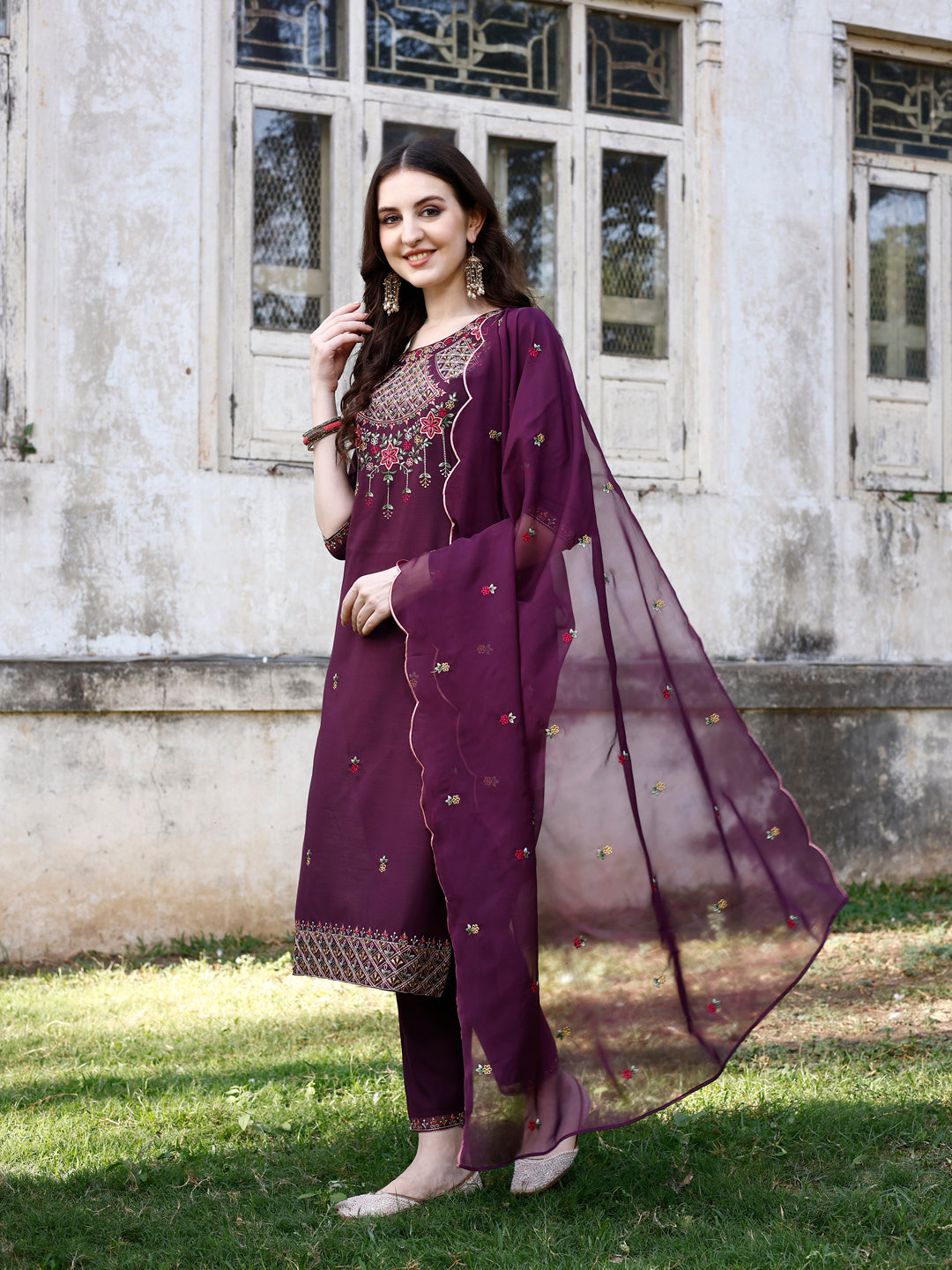 Embroidered Kurta With Pant & Organza Embroidered Dupatta Premium, Multicolor - Hiral Fashion | Grocsy