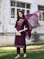 Embroidered Kurta With Pant & Organza Embroidered Dupatta Premium, Multicolor - Hiral Fashion | Grocsy
