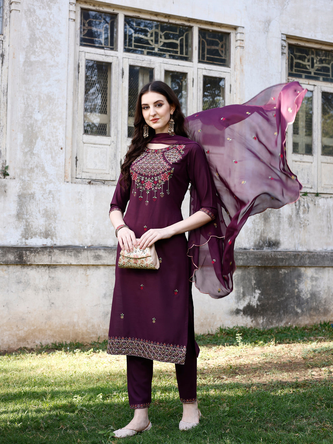 Embroidered Kurta With Pant & Organza Embroidered Dupatta Premium, Multicolor - Hiral Fashion | Grocsy