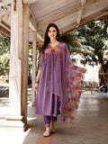 Alia Cut Hand Embroidered & Floral Embroidered Kurta With Pant & Organza Embroidered Dupatta Luxury Premium, Lavender - Hiral Fashion | Grocsy