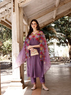 Alia Cut Hand Embroidered & Floral Embroidered Kurta With Pant & Organza Embroidered Dupatta Luxury Premium, Lavender - Hiral Fashion | Grocsy
