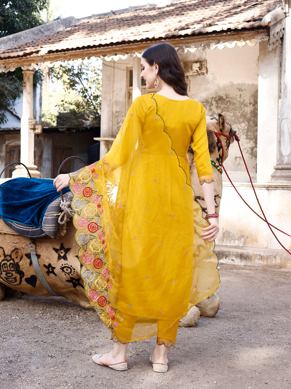 Alia Cut Hand Embroidered & Floral Embroidered Kurta With Pant & Organza Embroidered Dupatta Luxury Premium, Mustard - Hiral Fashion | Grocsy