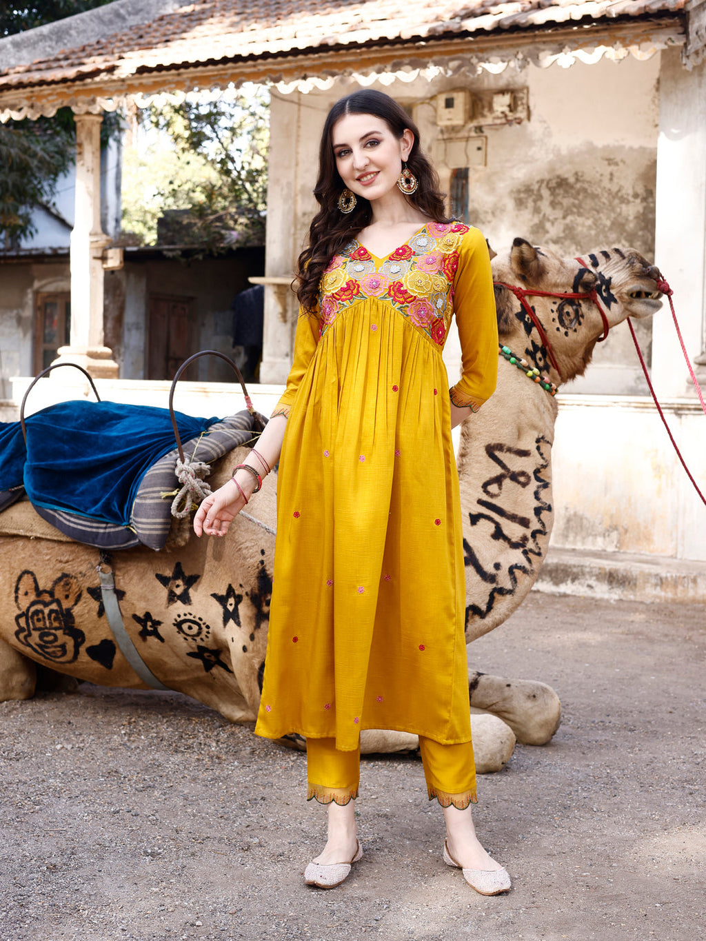 Alia Cut Hand Embroidered & Floral Embroidered Kurta With Pant & Organza Embroidered Dupatta Luxury Premium, Mustard - Hiral Fashion | Grocsy