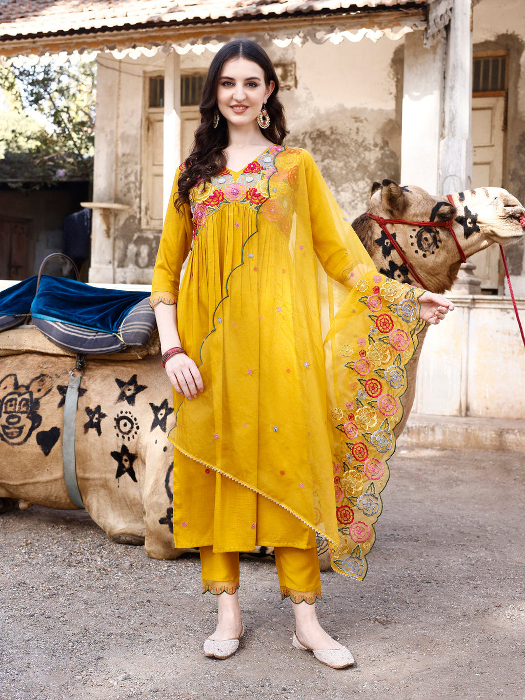 Alia Cut Hand Embroidered & Floral Embroidered Kurta With Pant & Organza Embroidered Dupatta Luxury Premium, Mustard - Hiral Fashion | Grocsy