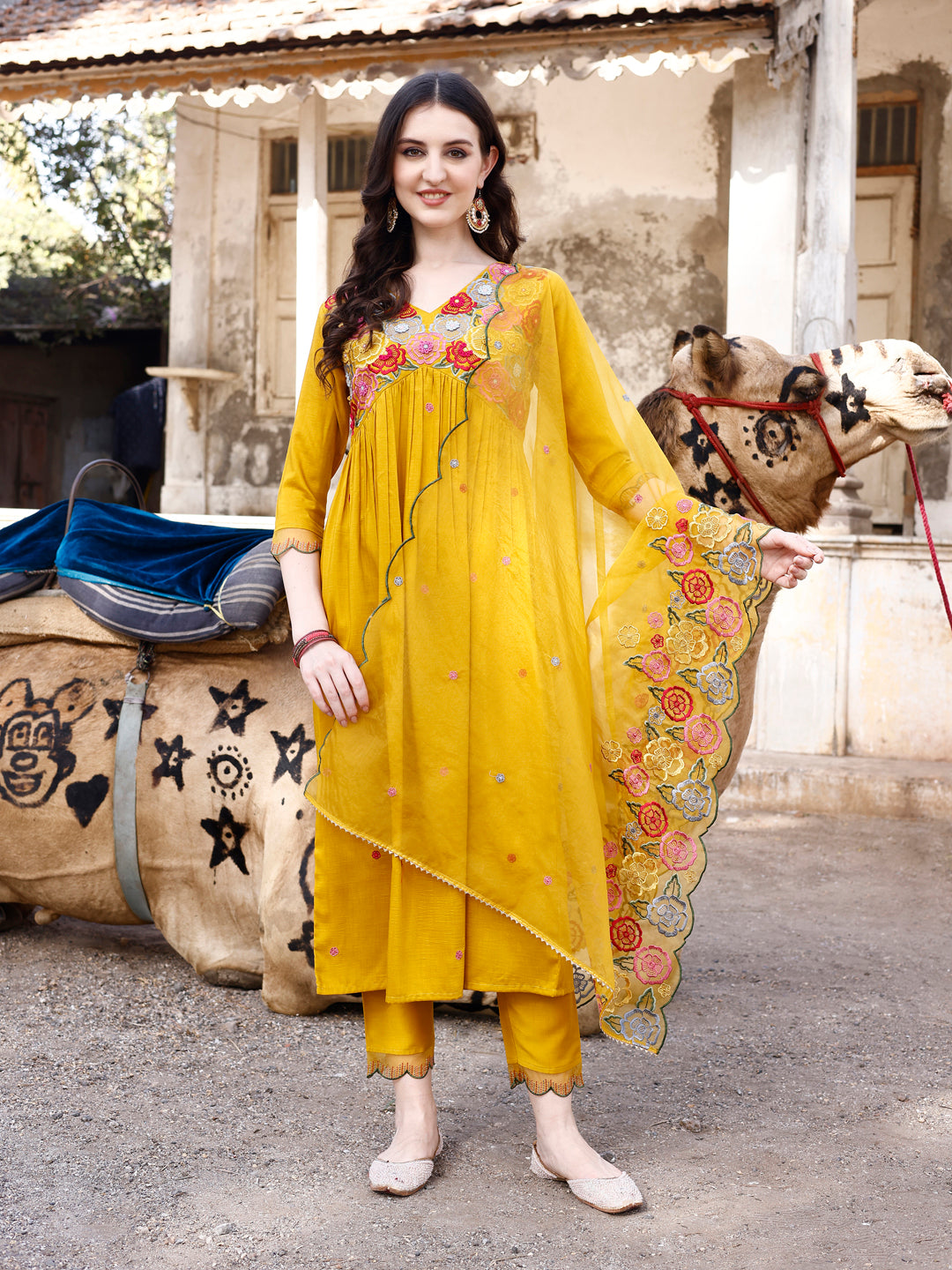 Alia Cut Hand Embroidered & Floral Embroidered Kurta With Pant & Organza Embroidered Dupatta Luxury Premium, Mustard - Hiral Fashion | Grocsy