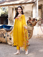 Alia Cut Hand Embroidered & Floral Embroidered Kurta With Pant & Organza Embroidered Dupatta Luxury Premium, Mustard - Hiral Fashion | Grocsy