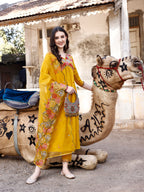 Alia Cut Hand Embroidered & Floral Embroidered Kurta With Pant & Organza Embroidered Dupatta Luxury Premium, Mustard - Hiral Fashion | Grocsy