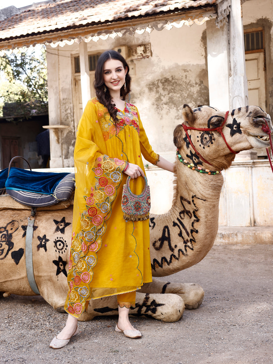 Alia Cut Hand Embroidered & Floral Embroidered Kurta With Pant & Organza Embroidered Dupatta Luxury Premium, Mustard - Hiral Fashion | Grocsy