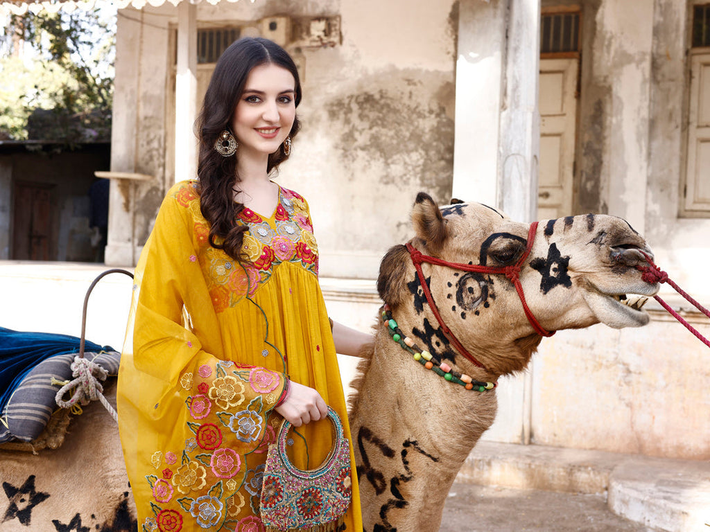 Alia Cut Hand Embroidered & Floral Embroidered Kurta With Pant & Organza Embroidered Dupatta Luxury Premium, Mustard - Hiral Fashion | Grocsy