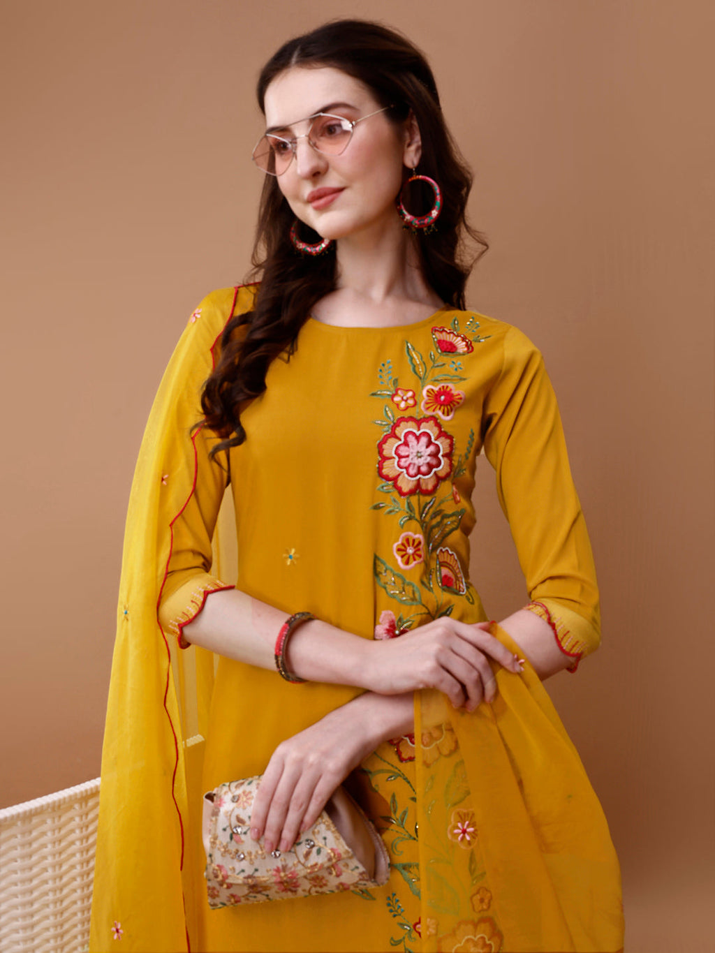 Hand Embroidered Kurta With Pant & Embroidered Organza Dupatta, Multicolor - Hiral Fashion | Grocsy