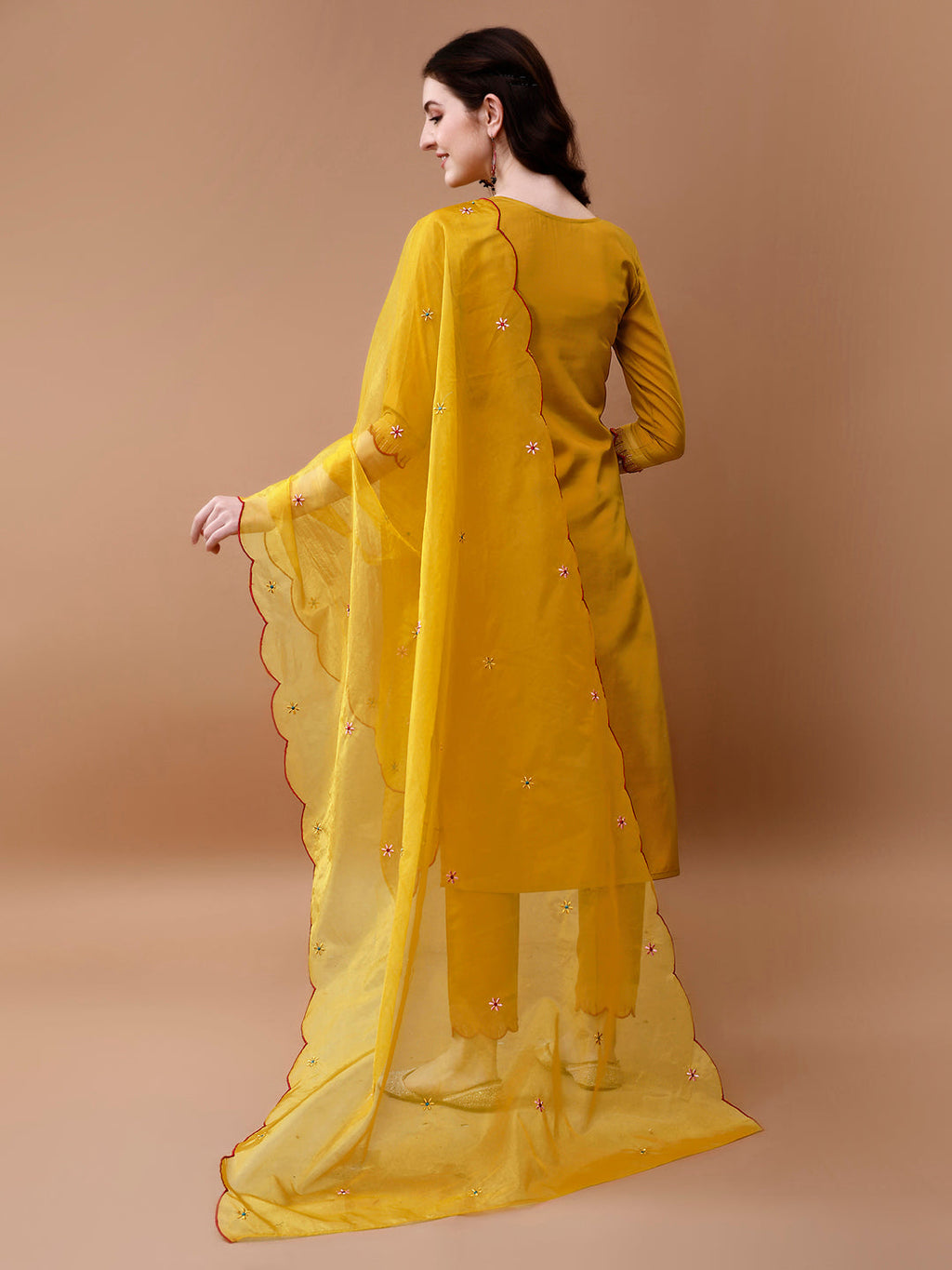Hand Embroidered Kurta With Pant & Embroidered Organza Dupatta, Multicolor - Hiral Fashion | Grocsy