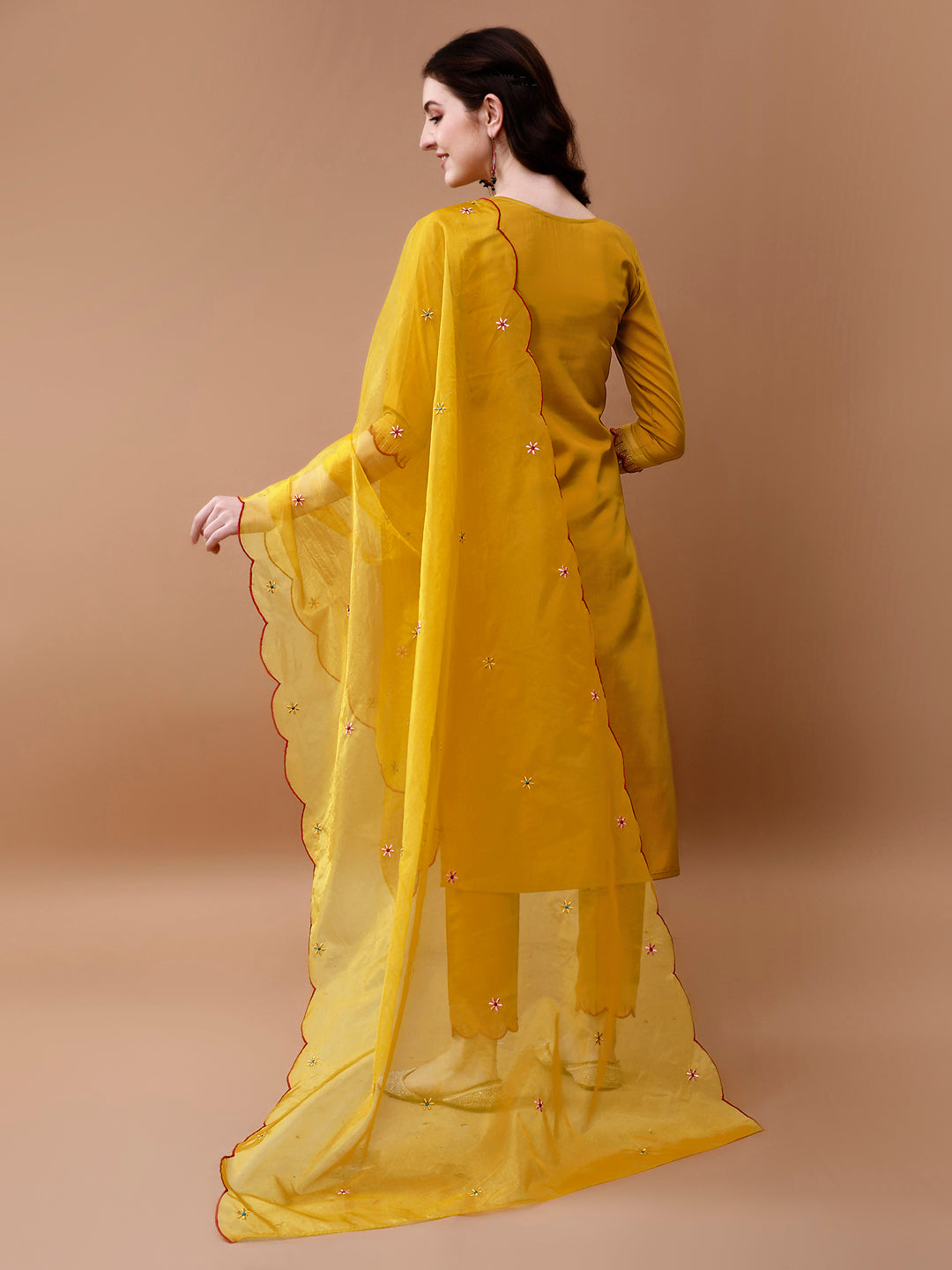 Hand Embroidered Kurta With Pant & Embroidered Organza Dupatta, Multicolor - Hiral Fashion | Grocsy