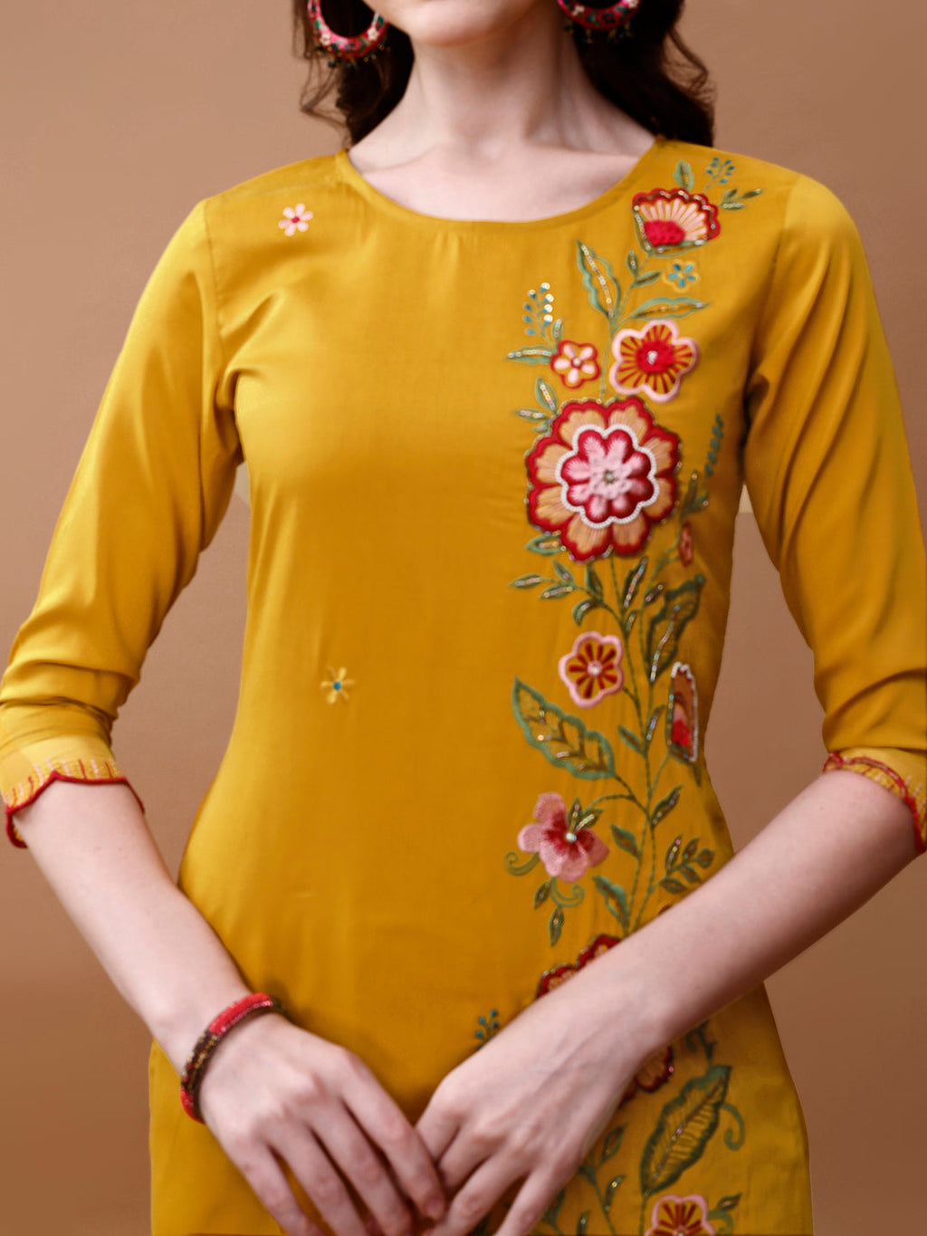 Hand Embroidered Kurta With Pant & Embroidered Organza Dupatta, Multicolor - Hiral Fashion | Grocsy
